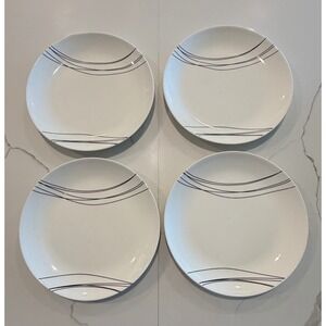 Blue Harbor Set of 4 White Stoneware Dinner Plates Black Swoosh Line Art 10.5"